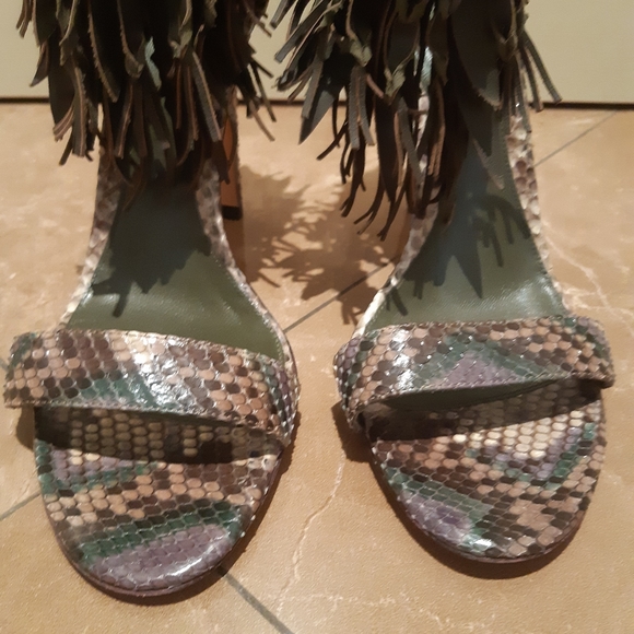 Sergio Rossi snakeskin strappy sexy high heel sandals with leather fringe 9.5 - Picture 9 of 12